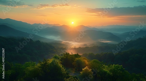 A serene mountain landscape at sunrise