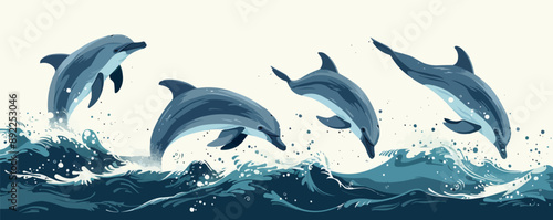 A pod of dolphins leaping out of the ocean waves on a white background. Vector flat minimalistic isolated illustration.