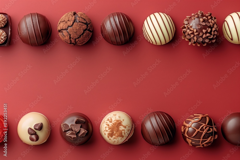 Obraz premium A row of chocolate truffles are lined up on a red background
