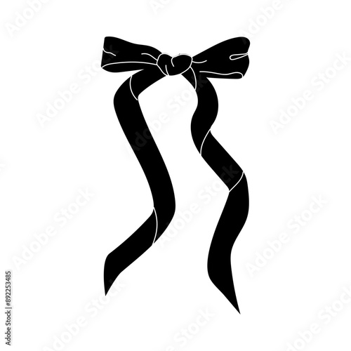 A black ribbon bow is tied with two long tails.