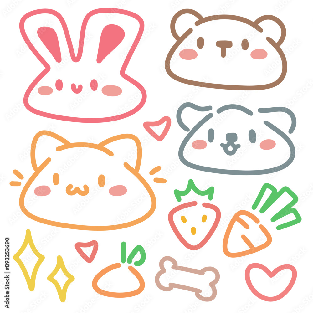 Colorful Kawaii Animal Faces and Cute Objects Pattern. Adorable Cartoon Doodles with Animals, Fruits, and Hearts. Colorful Kawaii Animal Faces and Cute Objects Pattern. Adorable Cartoon Doodles with Animals, Fruits, and Hearts.