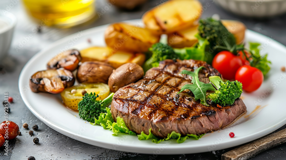 Barbecue antricote steak with vegetables and mushrooms on a plate stands on the table. Barbecue antricote steak with vegetables and mushrooms on a plate stands on the table.