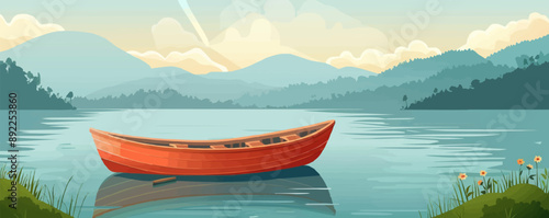 A charming wooden rowboat docked on a tranquil lake shore. Vector flat minimalistic isolated illustration.