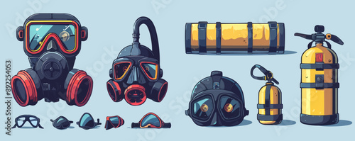 Vintage scuba diving gear with mask and oxygen tank Vector flat minimalistic isolated illustration