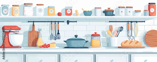 Kitchen counter with baking ingredients and utensils on a white surface. Vector flat isolated illustration