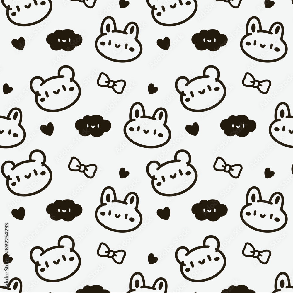Fototapeta premium Black and White Cute Animal Pattern with Hearts and Clouds. Minimalistic Kawaii Bear and Rabbit Doodle Design. Adorable Monochrome Cartoon Animals and Hearts Background.