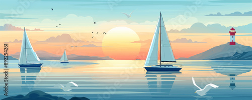 Coastal harbor with sailboats and seagulls Vector flat minimalistic isolated illustration