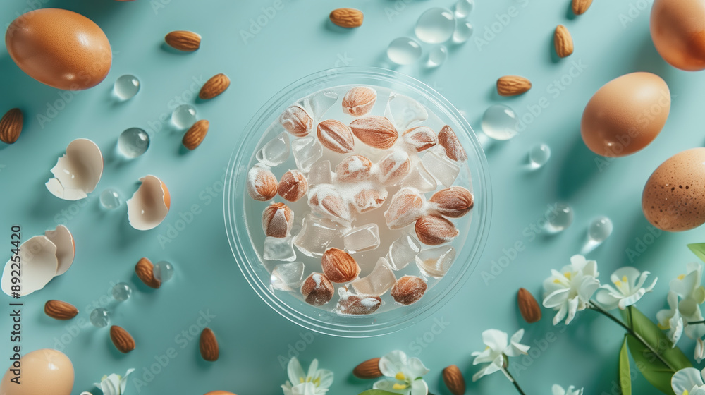 Advertisement-Ready Vitamin B7 for Shiny Hair Strong Follicles Hologram in Transparent Plastic Container with Eggs and Nuts Advertisement-Ready Vitamin B7 for Shiny Hair Strong Follicles Hologram in Transparent Plastic Container with Eggs and Nuts