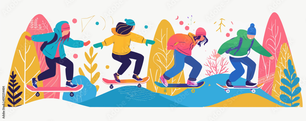A skateboard park with youth riding skateboards. Vector flat minimalistic isolated illustration. A skateboard park with youth riding skateboards. Vector flat minimalistic isolated illustration.