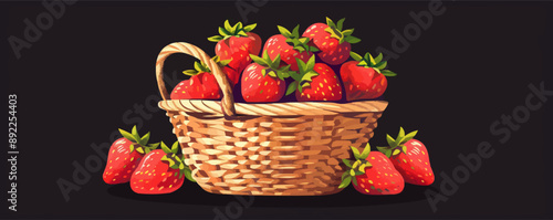 Basket of freshly picked strawberries. Vector flat minimalistic isolated illustration.