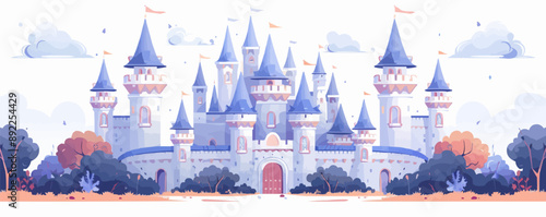 Whimsical fairytale castle with towers and turrets Vector flat minimalistic isolated illustration