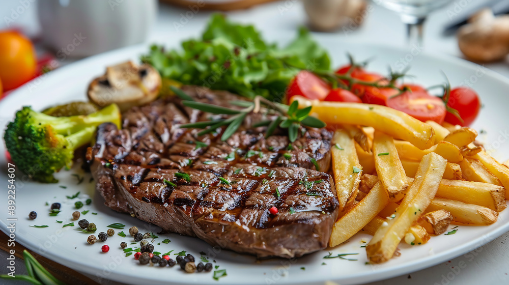 Barbecue antricote steak with vegetables and mushrooms on a plate stands on the table. Barbecue antricote steak with vegetables and mushrooms on a plate stands on the table.