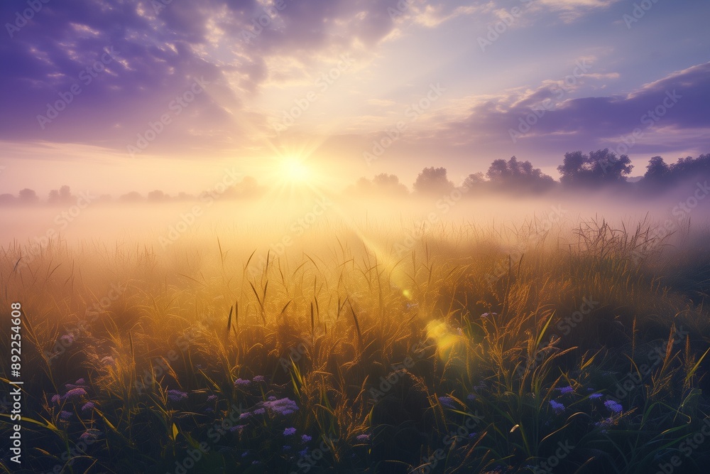 Colorful and misty sunrise over grass meadow Colorful and misty sunrise over grass meadow