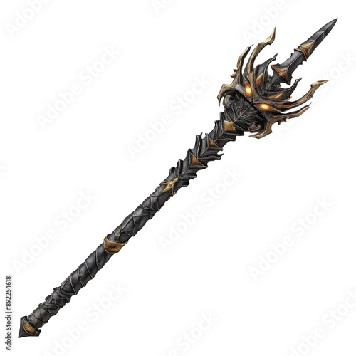 Dark Enchanted Wand with Glowing Amber Eyes for Fantasy Roleplaying 2D Game Art isolated on transparent background
