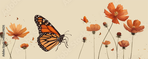 Monarch butterfly fluttering near a blooming flower. Vector flat minimalistic isolated