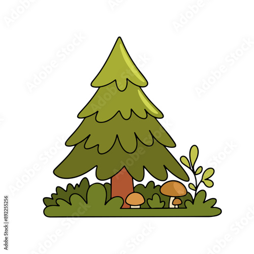vector drawing of a forest landscape. Green lush spruce surrounded by mushrooms and grass. Isolated color children's illustration, trees in the forest on a white background