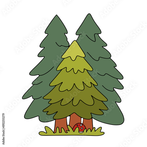 vector drawing of a forest landscape. Three green spruce trees surrounded by grass. Isolated color children's illustration, trees in the forest on a white background