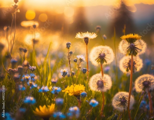 Beautiful summer meadow with flowers dandelions and forget-me-nots, lovely landscape of nature, natural background