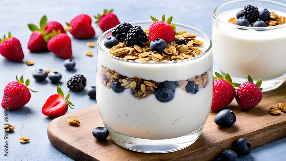 yogurt with muesli and berries, Greek yogurt with berries, yogurt with berries and granolas, healthy meal concept background, healthy snack idea, ai generated yogurt with muesli and berries, Greek yogurt with berries, yogurt with berries and granolas, healthy meal concept background, healthy snack idea, ai generated