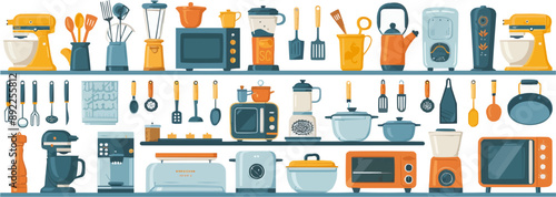 Modern kitchen appliances and culinary utensils for cooking on a white background. Vector flat isolated illustration.