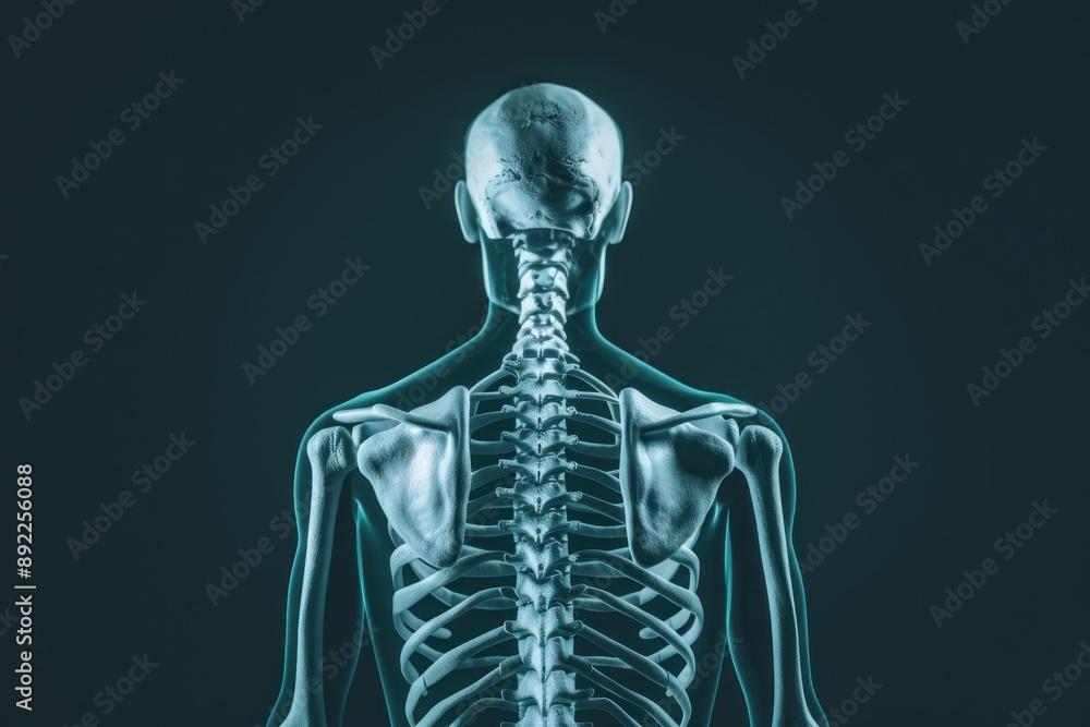 Human skeleton with view on the spine bones XRay Isolated on white background Human skeleton with view on the spine bones XRay Isolated on white background