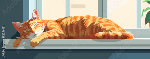 Sleepy cat curled up on a sunlit windowsill. Vector flat minimalistic isolated illustration.