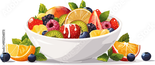 A bowl of fruit salad with various fruits and a drizzle of dressing, resting on the white background. Vector flat minimalistic isolated illustration.