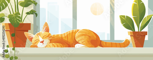 Contented cat napping on a sun-drenched windowsill. Vector flat minimalistic isolated