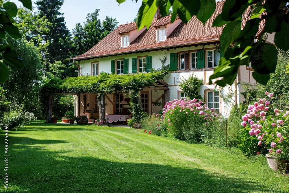 Idyllic German Home: Bright Facade with Lush Green Grass in Perfect Weather Idyllic German Home: Bright Facade with Lush Green Grass in Perfect Weather