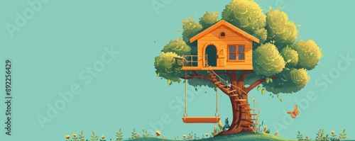A whimsical treehouse with a spiral staircase and a rope swing hanging from a branch. Vector flat minimalistic isolated