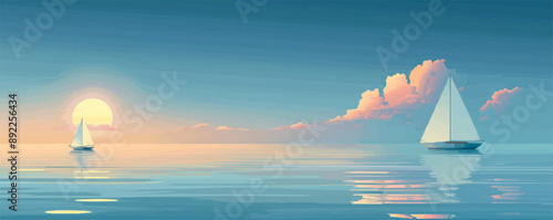 A tranquil seascape with a lone sailboat on the horizon. Vector flat minimalistic isolated