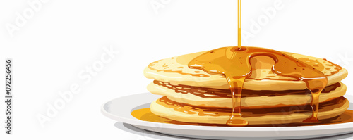 A stack of fluffy pancakes on a plate with syrup dripping down. Vector flat minimalistic isolated illustration.