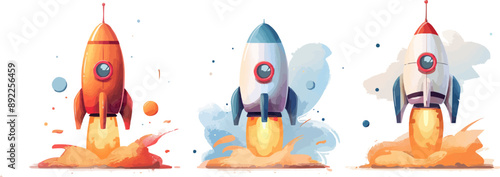 Spaceship toys on a clean white background. Vector flat isolated illustration.