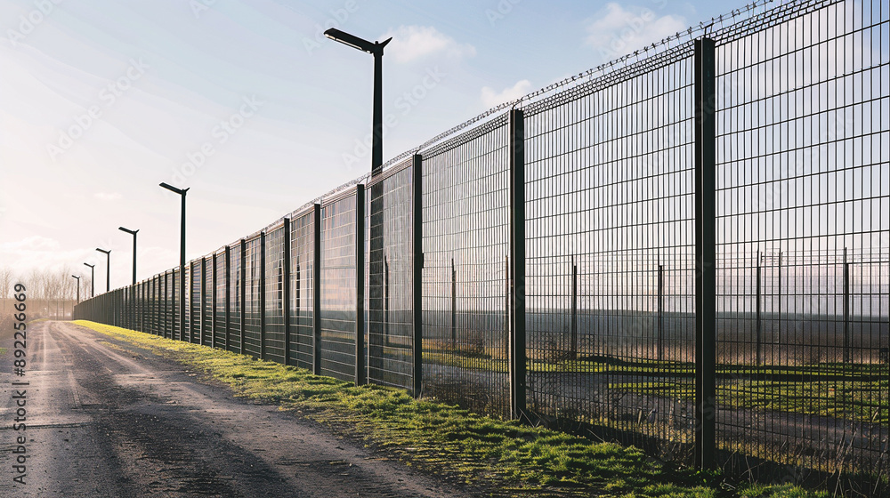 Fototapeta premium Barbed wire fence on a country road in sunlight