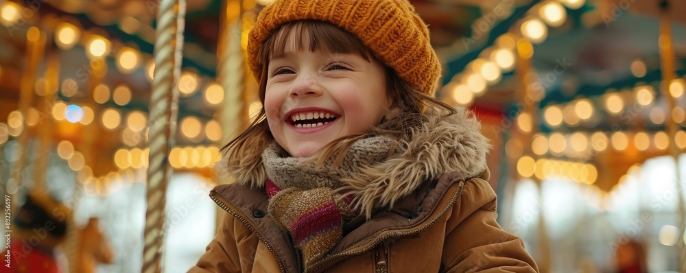 A child riding a carousel with a big smile, representing the wonder of childhood A child riding a carousel with a big smile, representing the wonder of childhood