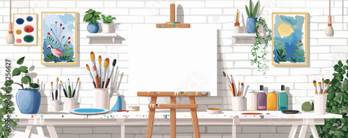 Artist's studio with paintbrushes, palette, and canvas on a clean white surface. Vector flat isolated illustration.
