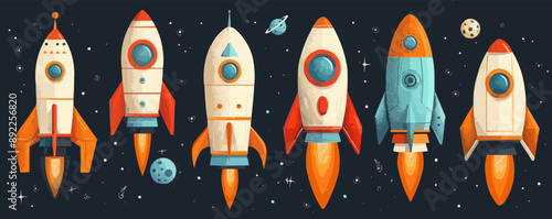 Toy spaceships on a white background. Vector flat minimalistic isolated illustration.