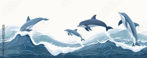 A pod of dolphins leaping out of the ocean waves on a white background. Vector flat minimalistic isolated illustration.