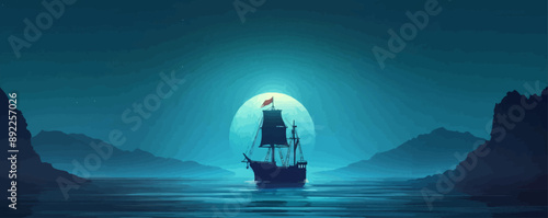 A moonlit night on the open ocean, with a pirate flag fluttering atop a ship's mast. Vector flat minimalistic isolated