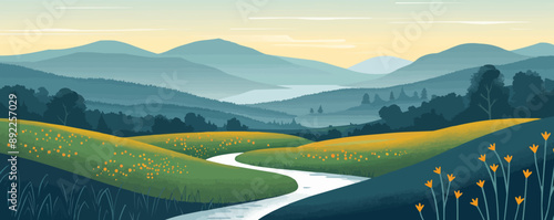 A serene countryside landscape with rolling hills and a winding river. Vector flat minimalistic isolated illustration.