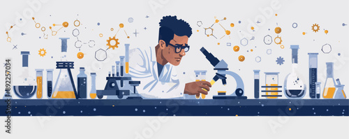 Scientist working in a laboratory with a microscope and test tubes. Vector flat minimalistic isolated illustration.