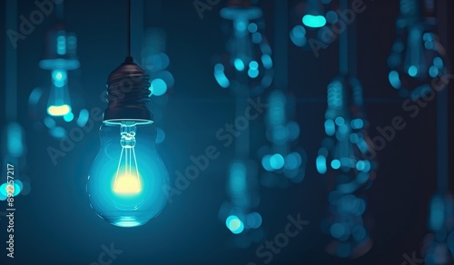 Multiple blue light bulbs hang against a dark background creating a striking contrast