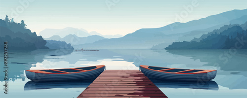 Tranquil lakeside dock with rowboats Vector flat minimalistic isolated illustration photo