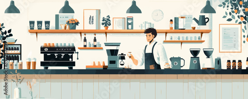 Modern coffee shop with barista and espresso machine Vector flat minimalistic isolated illustration