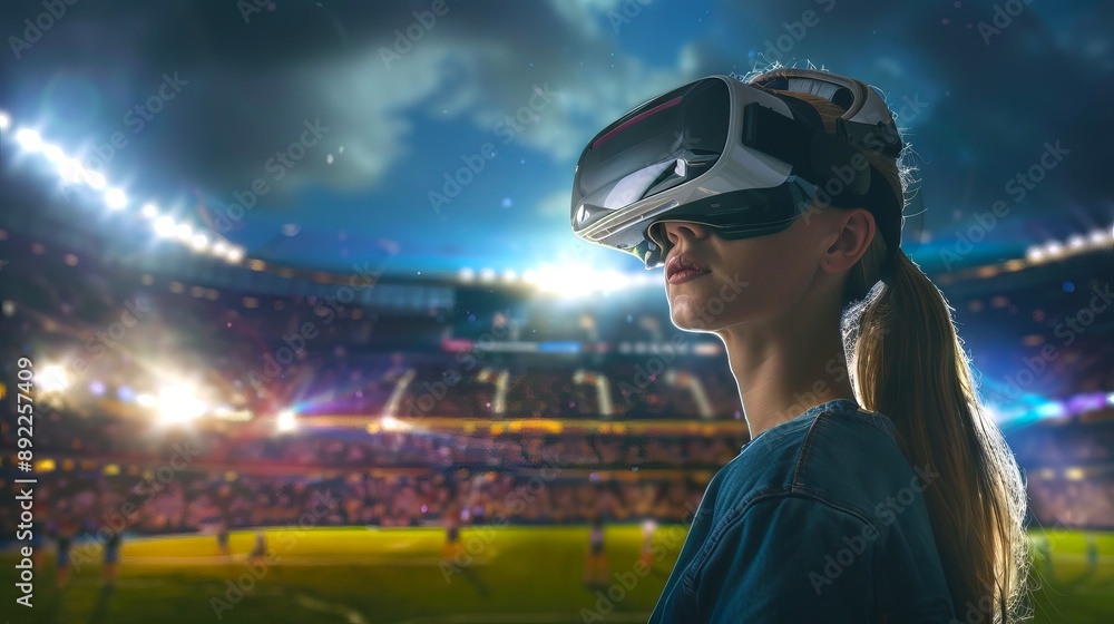 Caucasian woman using virtual reality headset in a stadium. Concept of VR technology, immersive experience, sports entertainment Caucasian woman using virtual reality headset in a stadium. Concept of VR technology, immersive experience, sports entertainment