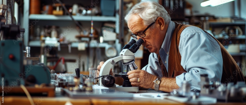 Precision Inspection: Engineer Using Microscope on Cluttered Workbench Precision Inspection: Engineer Using Microscope on Cluttered Workbench