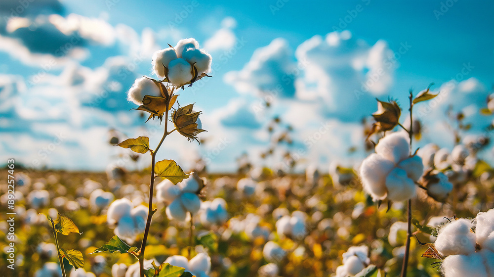 Cotton field with blue sky and white clouds. Beautiful nature background