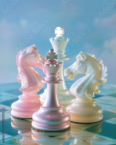 Pink and white retro pastel chess pieces on a refined glass surface with a blue tone photo