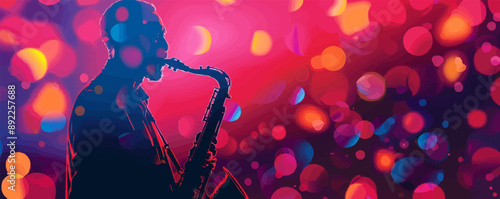 Jazzy saxophonist performing on a dimly lit stage. Vector flat minimalistic isolated illustration
