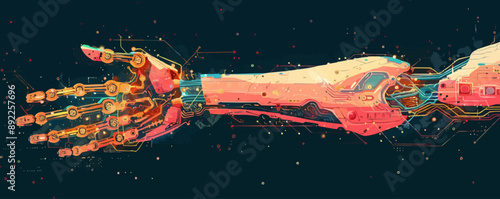 Cybernetic prosthetic arm with intricate circuitry. Vector flat minimalistic isolated illustration